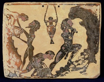 A Corinthian plaque depicting workers in a Clay Pit, from Penteskophia near Corinth, 575-550 BC by Greek